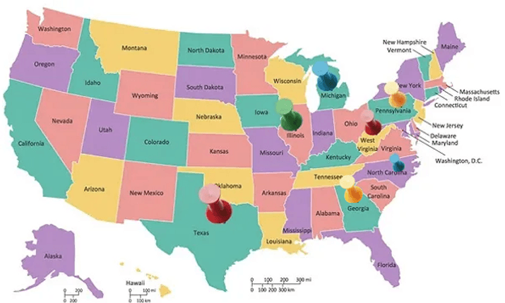 Map showing states with participating Glove Box Bible dealerships